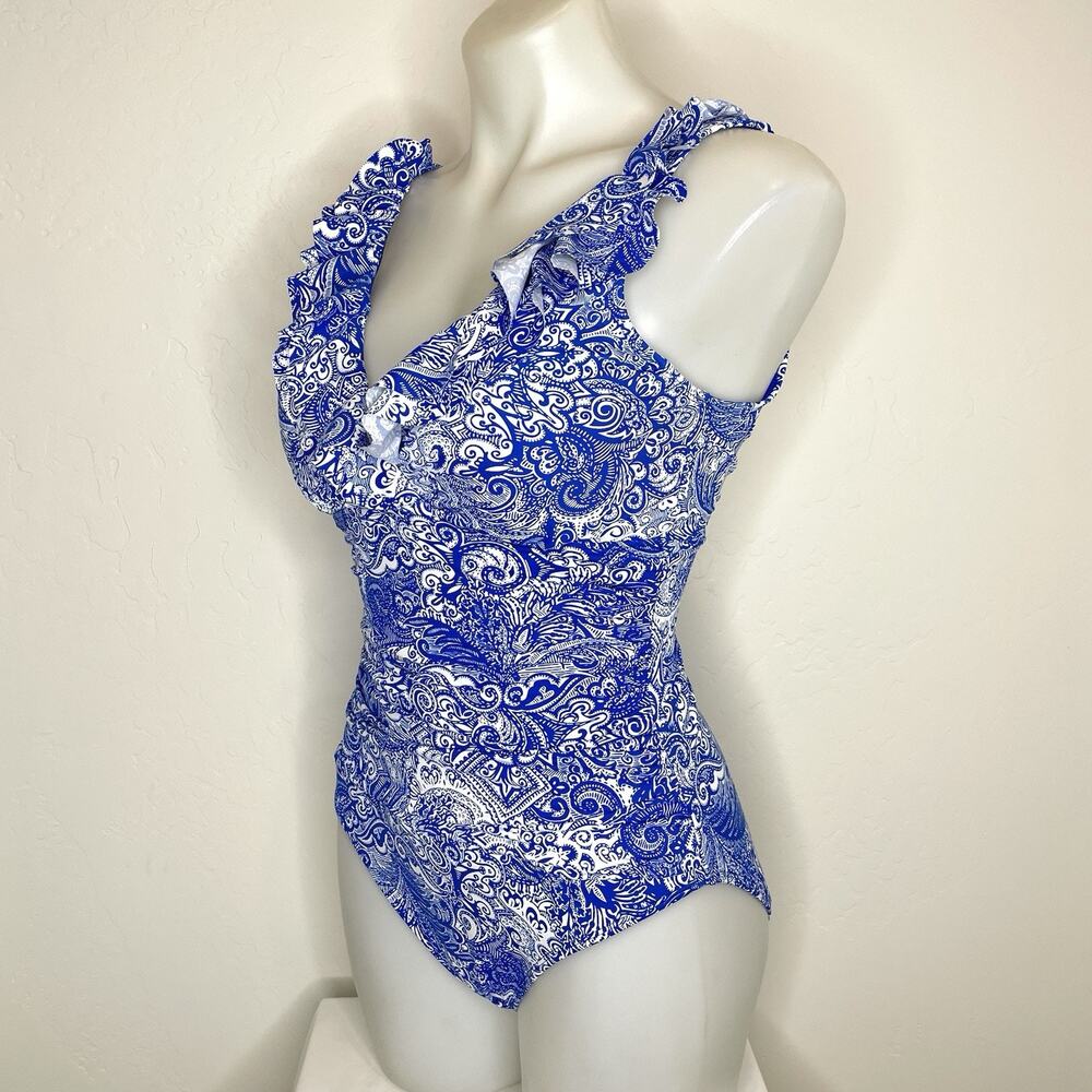 Ralph Lauren Artisanal Woodblock Ruffle One Piece Swimsuit Womens 10 Blue V